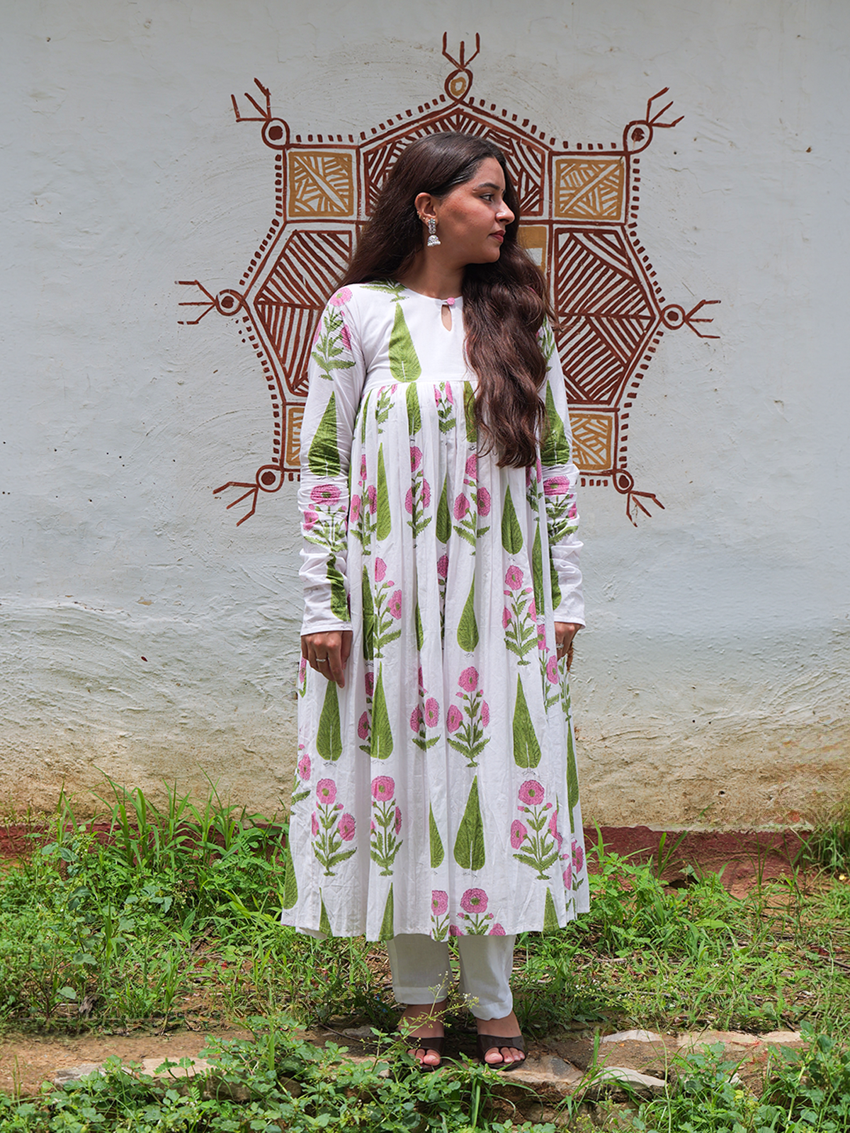 White Hand Block Print Flared Anarkali Kurta Set