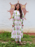 White Hand Block Print Flared Anarkali Kurta Set