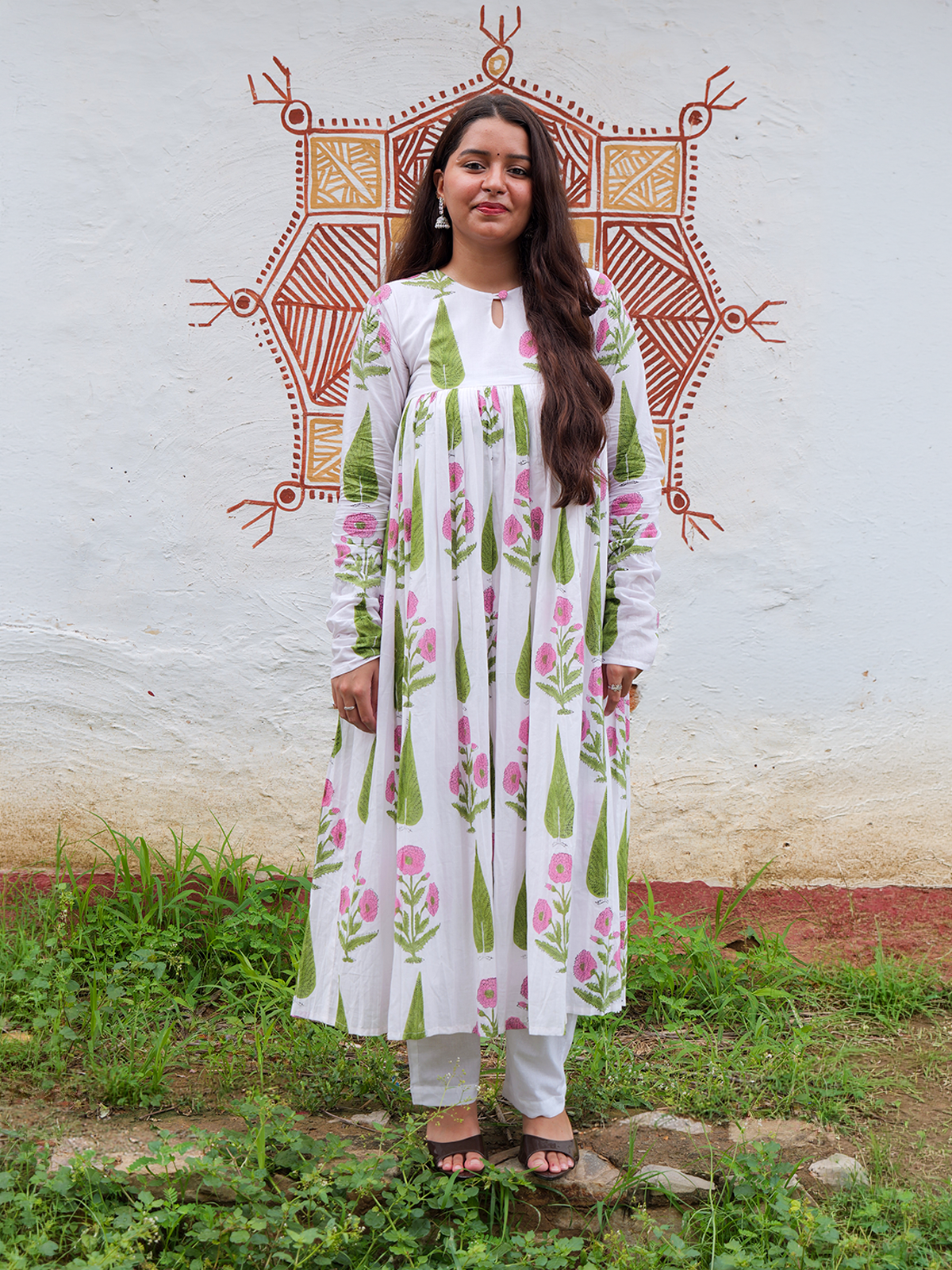 White Hand Block Print Flared Anarkali Kurta Set