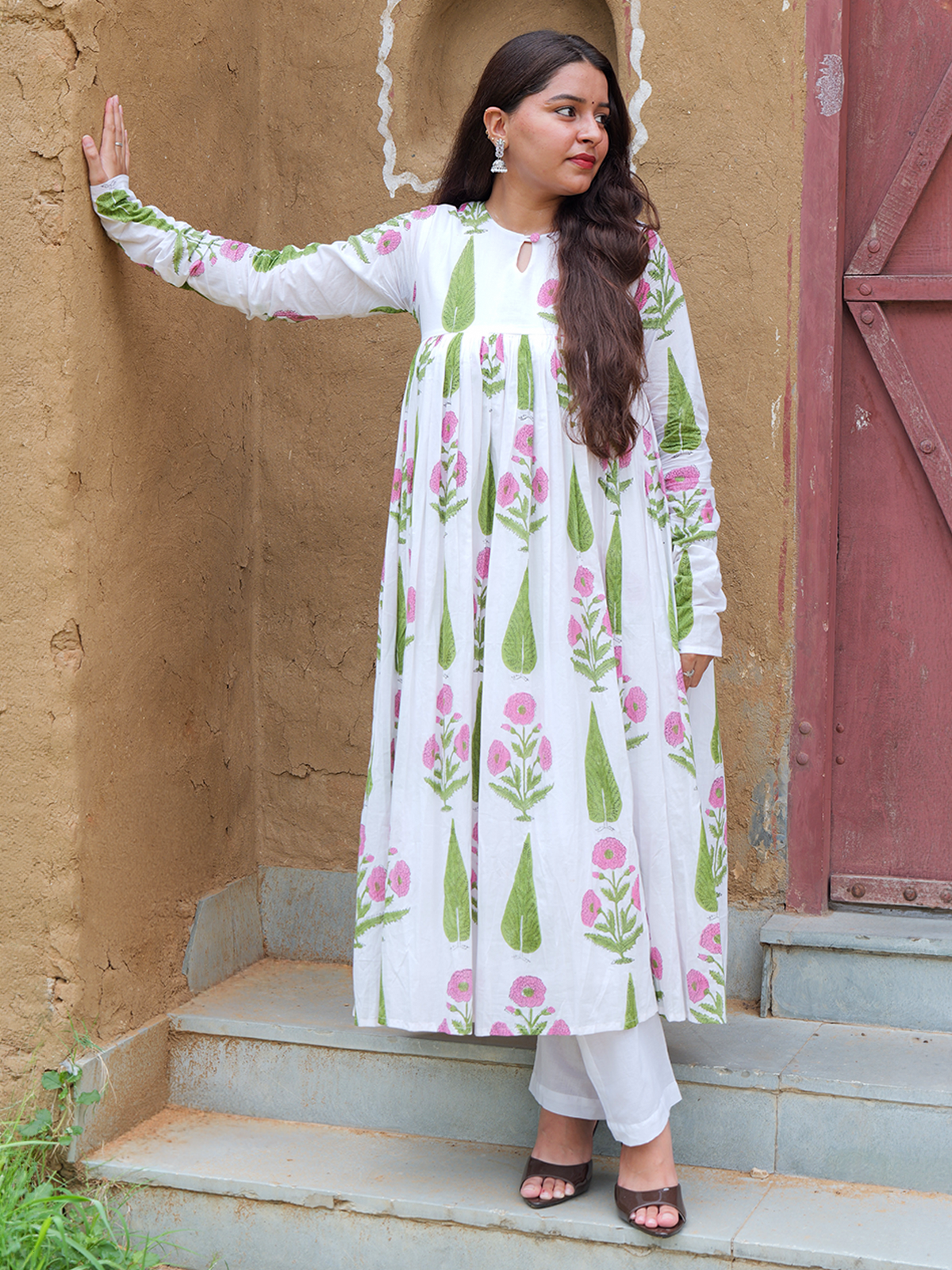 White Hand Block Print Flared Anarkali Kurta Set