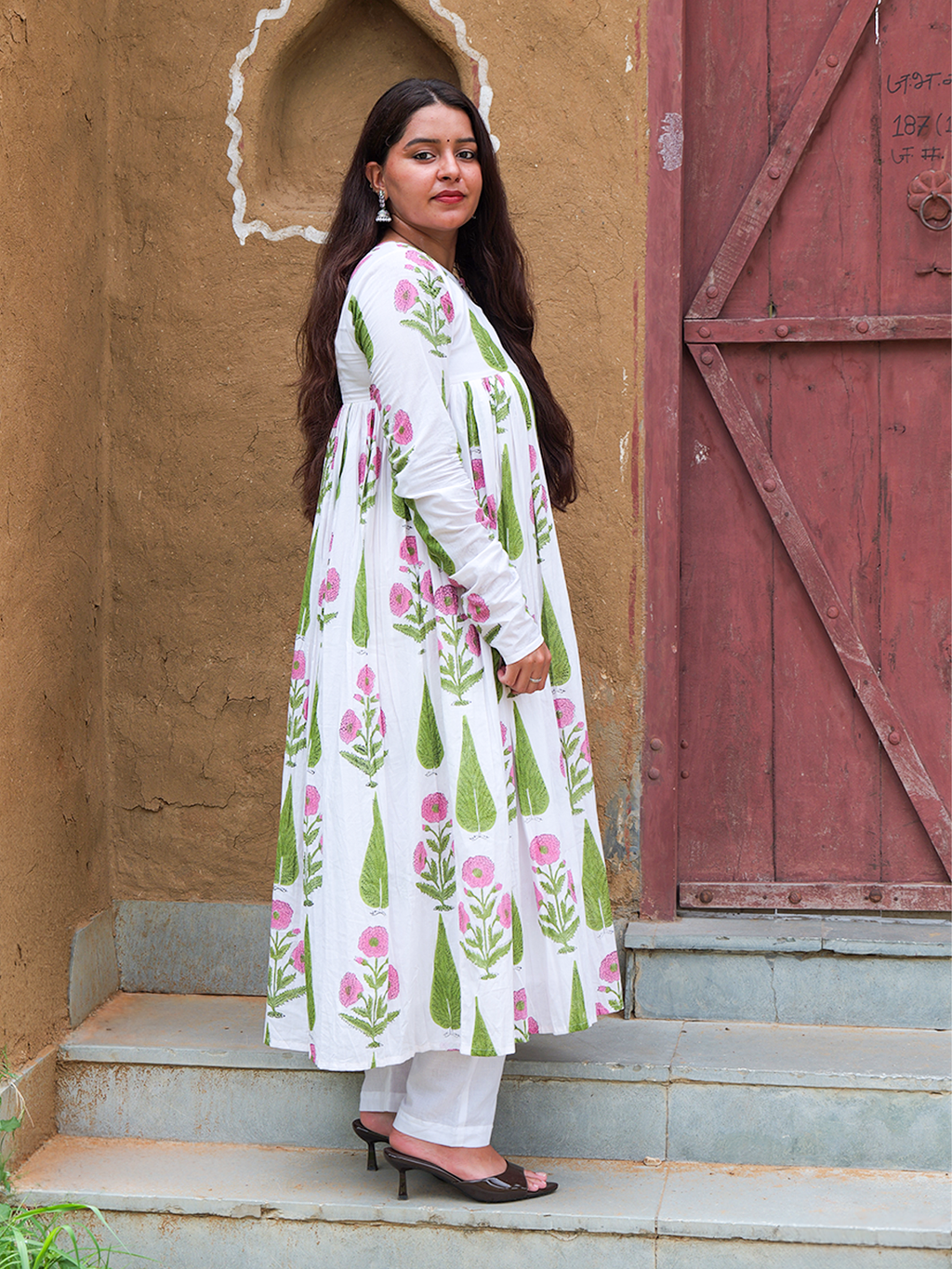 White Hand Block Print Flared Anarkali Kurta Set