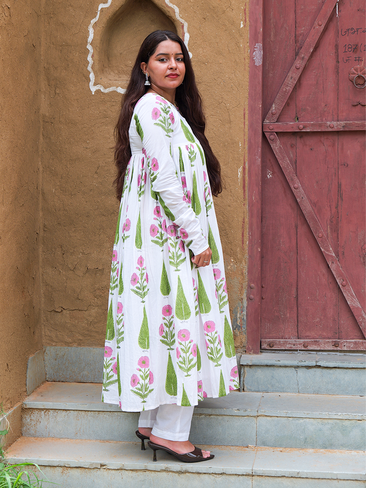 White Hand Block Print Flared Anarkali Kurta Set
